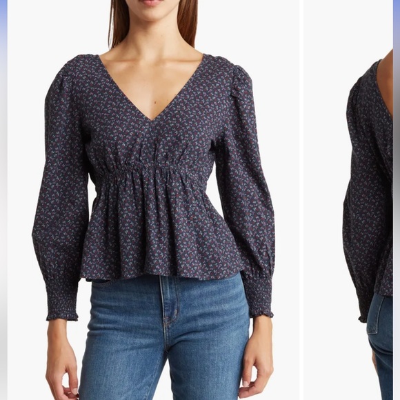 Madewell Campden Daisies Tie Back Peplum Top in Deep Indigo, Size Large - Picture 13 of 15